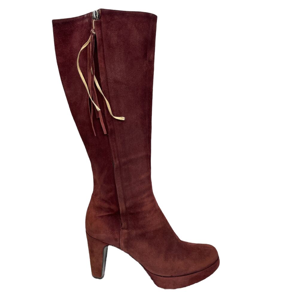Pollini Suede Knee High Boot Womens SZ 6.5 Maroon Tassel Tall Heel Double Zip‎